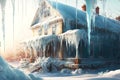 Large house and hanging icicle on house covering completely windows Royalty Free Stock Photo