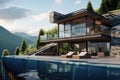 A large house with a pool situated prominently in the front yard., Modern exterior of a luxury villa in a minimal style, Glass Royalty Free Stock Photo