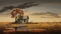 Lonely House Painting: Dark Beige And Orange Dystopian Cartoon