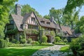 A large house with a well-defined stone pathway leading to its entrance, surrounded by a well-maintained landscape, A Tudor-style