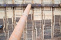 A large huge ditch pit tunnel with reinforcing structures from thick iron pipes of beams and structures at the construction site Royalty Free Stock Photo