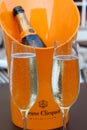 Large ice bucket with bottle and two filled flutes of Neuve Clicquot Champagne, Blue Hen Beer and Wine Garden, Saratoga, 2018 Royalty Free Stock Photo