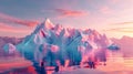 A large iceberg floating in the water with a pink sky, AI
