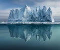 A large iceberg floating in the water with a reflection of it, AI