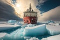 large icebreaker ship goes on thick ice of arctic sea