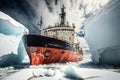 large icebreaker ship goes on thick ice of arctic sea