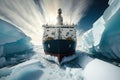 large icebreaker ship goes on thick ice of arctic sea