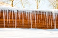 Large icicles hang from a house roof. Dangerous large icicles Royalty Free Stock Photo