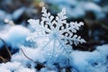 A large icy snowflake on a snow-covered meadow. Winter landscape under the evening sun. Royalty Free Stock Photo