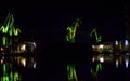 Large Illuminated Cranes at the Pula Shipyard in Croatia at Night. Green  Colors Reflect on the Dark Waters at the Port Royalty Free Stock Photo