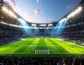 a large, illuminated soccer stadium filled with spectators, with a game in progress on the green field Royalty Free Stock Photo