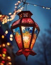 A large, illuminated star lantern hangs from a tree branch, casting a warm glow against the night sky
