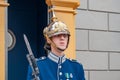 A large image of a security guard outside a guard box on the grounds of the royal palace in Stockholm