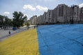 Large image of Ukrainian flag on Obolon Embankment in Kyiv, Ukraine. July 11, 2020