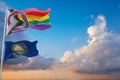 large Inclusive Progressive lgbt Pride flag and flag of New Hampshire state, USA waving at sky. Freedom and love, activism, Royalty Free Stock Photo