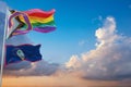 large Inclusive Progressive lgbt Pride flag and flag of Guam state, USA waving at sky. Freedom and love, activism, community