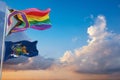 large Inclusive Progressive lgbt Pride flag and flag of New York state, USA waving at sky. Freedom and love, activism, community Royalty Free Stock Photo