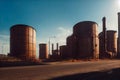 a large industrial area with large tanks and a road in front of it and a blue sky with clouds Royalty Free Stock Photo