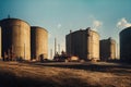 a large industrial area with several large tanks and a sky background with clouds in the background and a few cars parked in the