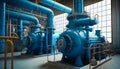 Large Industrial Blue Boiler Room and Water Treatment Facility, Generative AI Royalty Free Stock Photo