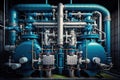 large industrial boiler room and water treatment facility. blue pupms, shiny stainless metal pipes, and valves. Royalty Free Stock Photo