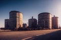 a large industrial building with three large tanks on the side of the road in front of a blue sky Royalty Free Stock Photo