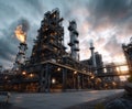 A large industrial complex with towering structures and pipes, illuminated under a dramatic sky. The image captures the scale and Royalty Free Stock Photo