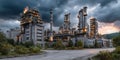 A large industrial complex with towering structures and pipes, illuminated under a dramatic sky. The image captures the scale and Royalty Free Stock Photo