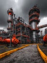A large industrial complex with towering structures and pipes, illuminated under a dramatic sky. The image captures the scale and Royalty Free Stock Photo