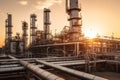 Large industrial gas pipelines in a modern refinery at sunrise Royalty Free Stock Photo