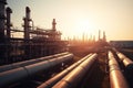 Large industrial gas pipelines in a modern refinery at sunrise Royalty Free Stock Photo