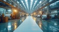 Large industrial hall with bright corridor and long white roll of paper. Royalty Free Stock Photo