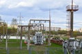 Large industrial iron metal transformer substation with transformers and high-voltage electrical equipment