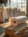 Large industrial paper rolls on pallet in sunlit warehouse. Royalty Free Stock Photo