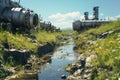 A large industrial pipe sitting next to a small river and flowers