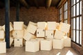 Large industrial urban warehouse with large pile of cardboard moving boxes, conceptual 3D Illustration