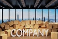 Large industrial urban warehouse with large pile of cardboard moving boxes in front of Skyline company, 3D Illustration
