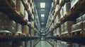 Large Industrial Warehouse Interior with High Racks of Cardboard Boxes Royalty Free Stock Photo