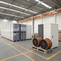 Large industrial warehouse interior with stacks of solar panels and cable spools., generative ai Royalty Free Stock Photo