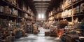 Large industrial warehouse with shelves full of goods