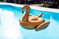 A large inflatable beige swan in the middle of a pool of blue water