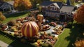 A large inflatable Thanksgiving turkey surrounded by by pumpkins.