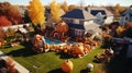 A large inflatable Thanksgiving turkey surrounded by by pumpkins.