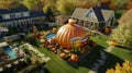 A large inflatable Thanksgiving turkey surrounded by by pumpkins.