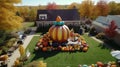 A large inflatable Thanksgiving turkey surrounded by by pumpkins.