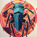 A large insect with a blue and orange background, AI