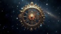 A giant celestial clockwork mechanism floating in deep space, its gears turning in synchronization with the movement of