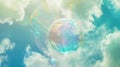 A large, iridescent bubble floats in a blue sky with fluffy white clouds Royalty Free Stock Photo