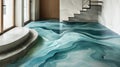 Large irregular shapes in shades of blue and green are handpainted on the floor mimicking the fluidity of water. The