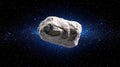 A large, irregularly shaped light gray asteroid floating in the vast inky blackness of space against a stunning backdrop of Royalty Free Stock Photo